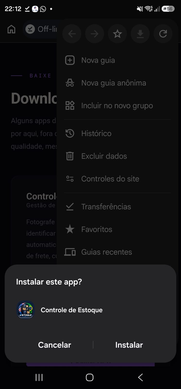 Toque em Instalar no aviso do Chrome