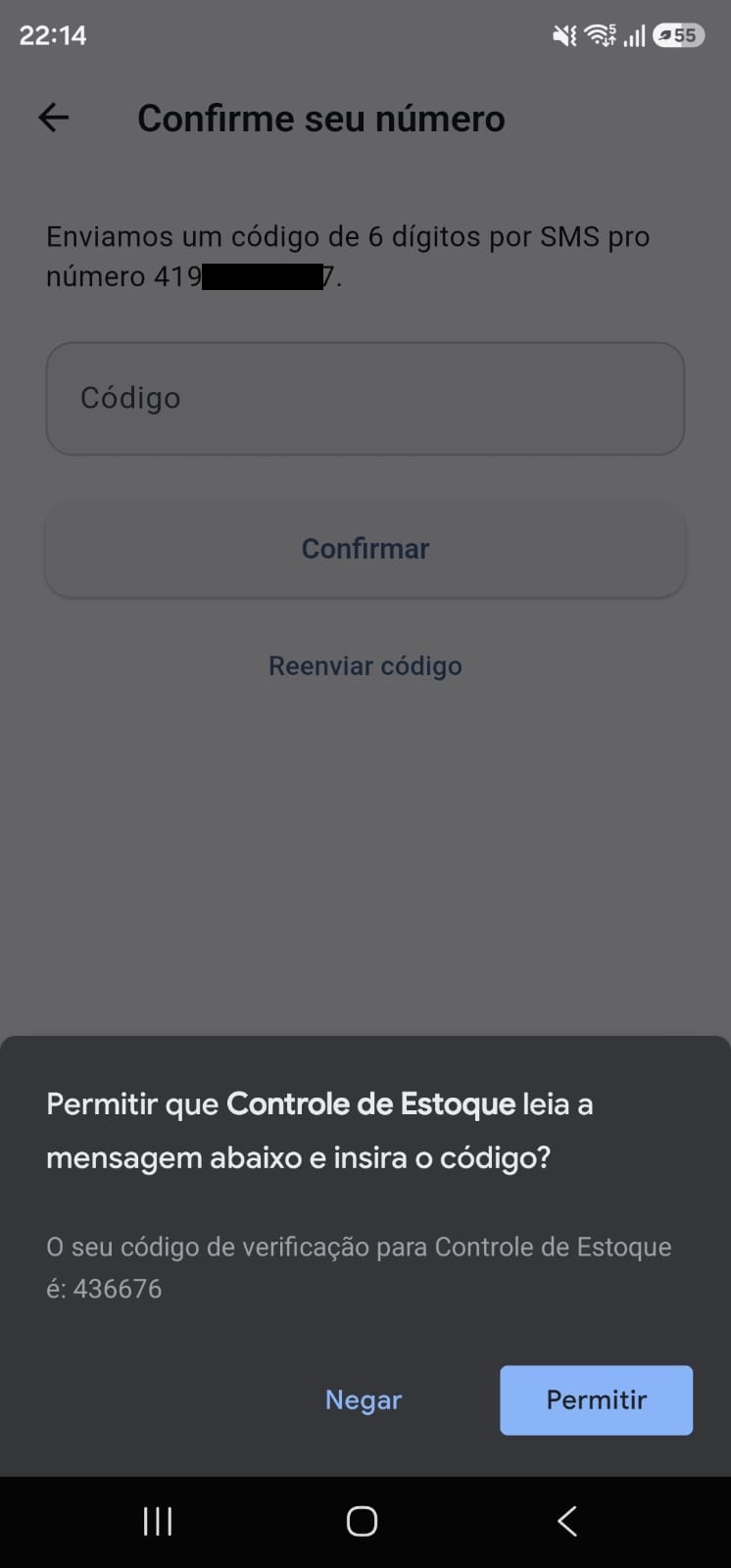 Autofill do código de login por SMS