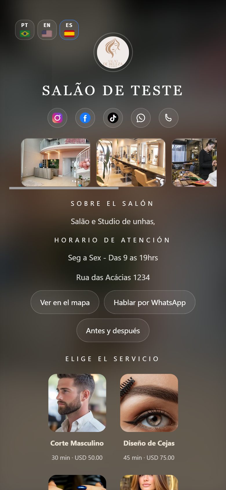 Tela do Lumora no celular (Espanhol)