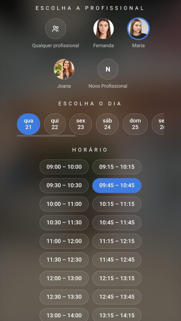 Escolhe o profissional, o dia e o horário